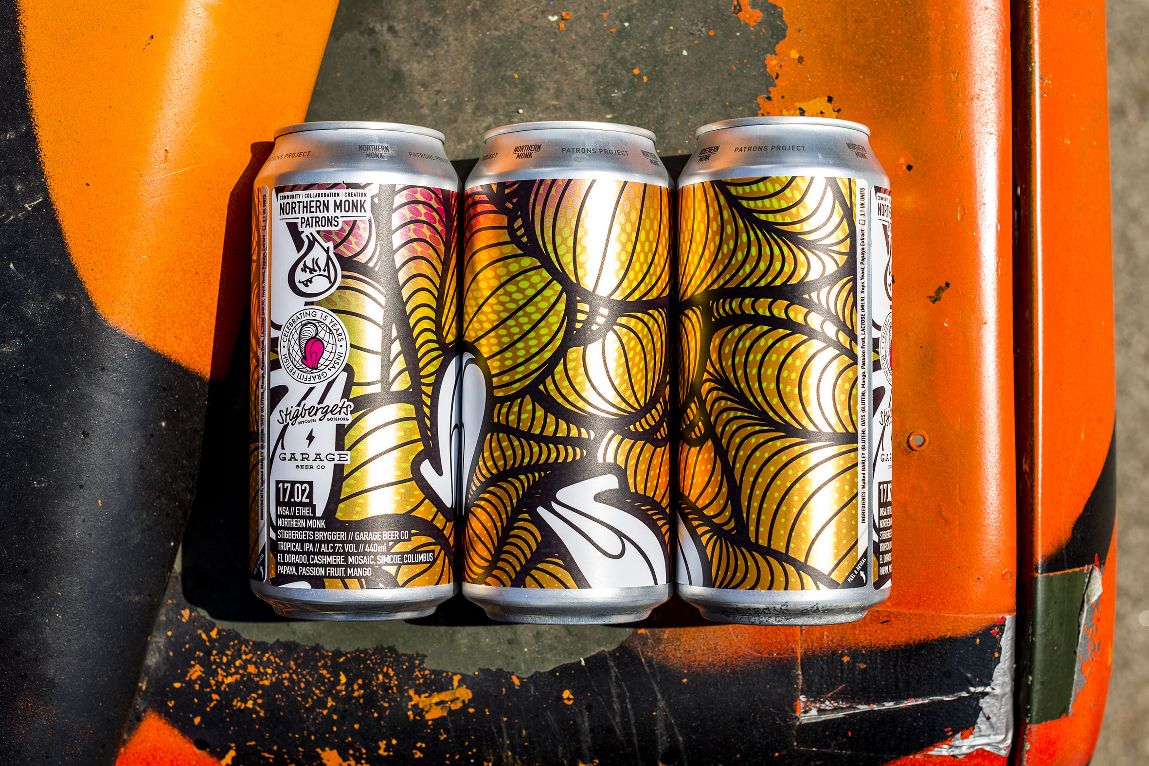 Orange patterned label on can