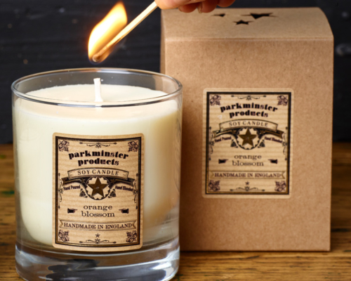 Large Votive Scented Candle Parkminster Products Lit with label