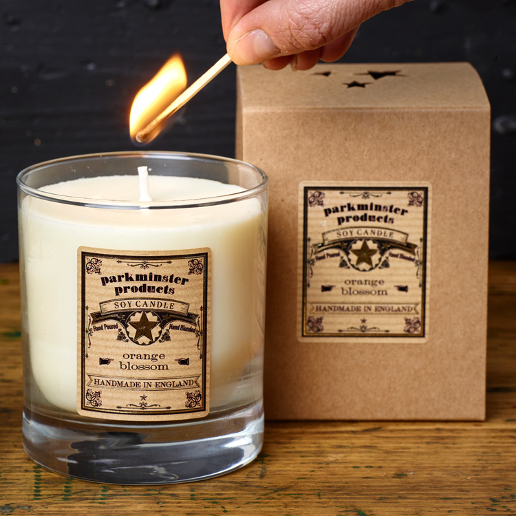 Large Votive Scented Candle Parkminster Products Lit with label